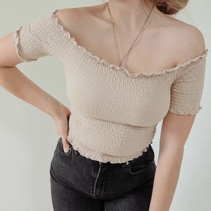 smocked, off-the-shoulder, tan crop top
